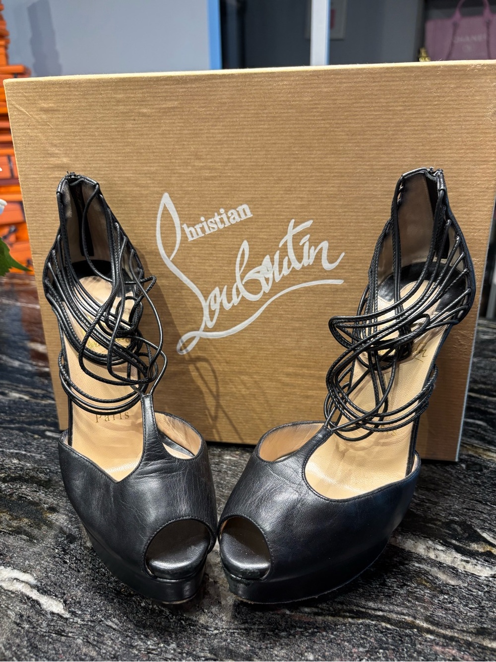 Christian Louboutin Black Leather Peep-Toe Lace-Up Platform Pumps